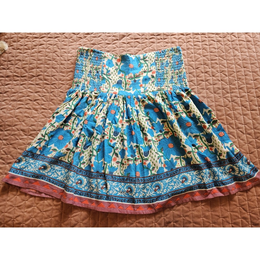 NWT Natural Life Malia Mini Skirt Blue Cream Floral Smocked Elastic Waist, Med